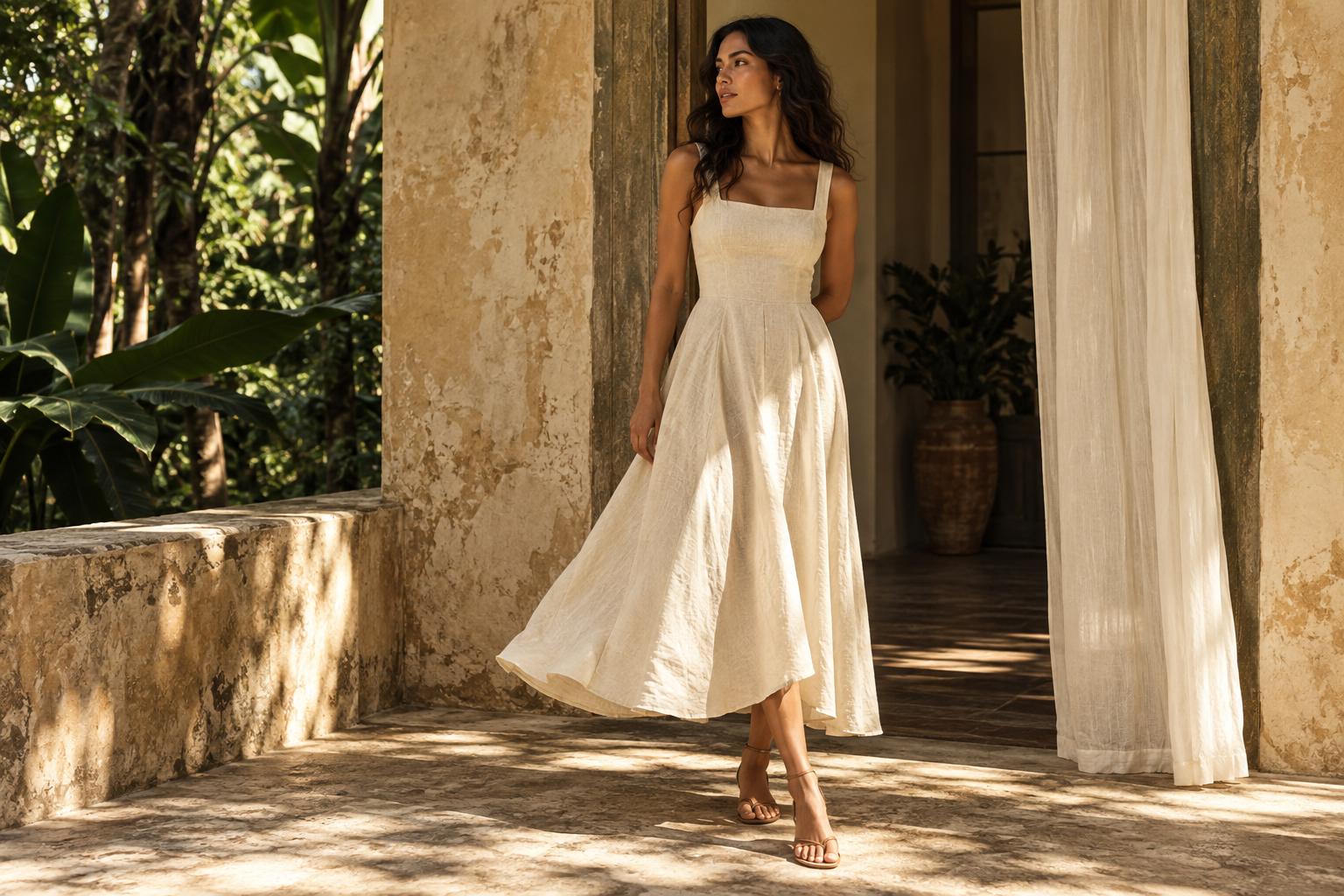 Imagem editorial ilustrativa: vestido marfim em ambiente de luz natural